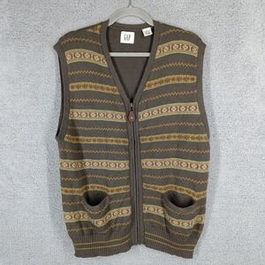 GAP Vintage Mens Large Merino Wool Sweater Vest Full Zip Striped‎ Pockets Brown